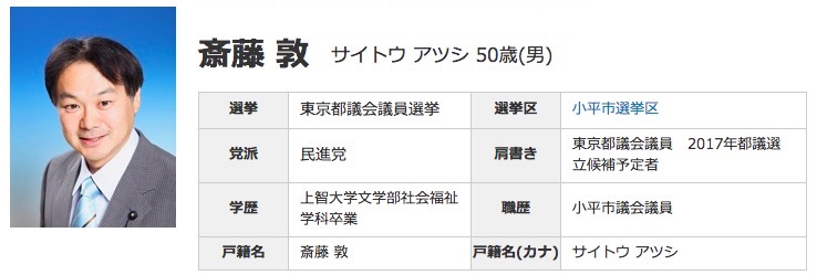 都議選 小平市 民進党公認 斉藤敦 さいとう あつし 氏の人柄 学歴 経歴は 日本最大の選挙 政治情報サイトの選挙ドットコム 都議選 小平市 民進党公認 斉藤敦 さいとう あつし 氏の人柄 学歴 経歴は 日本最大の選挙 政治情報サイトの選挙ドットコム